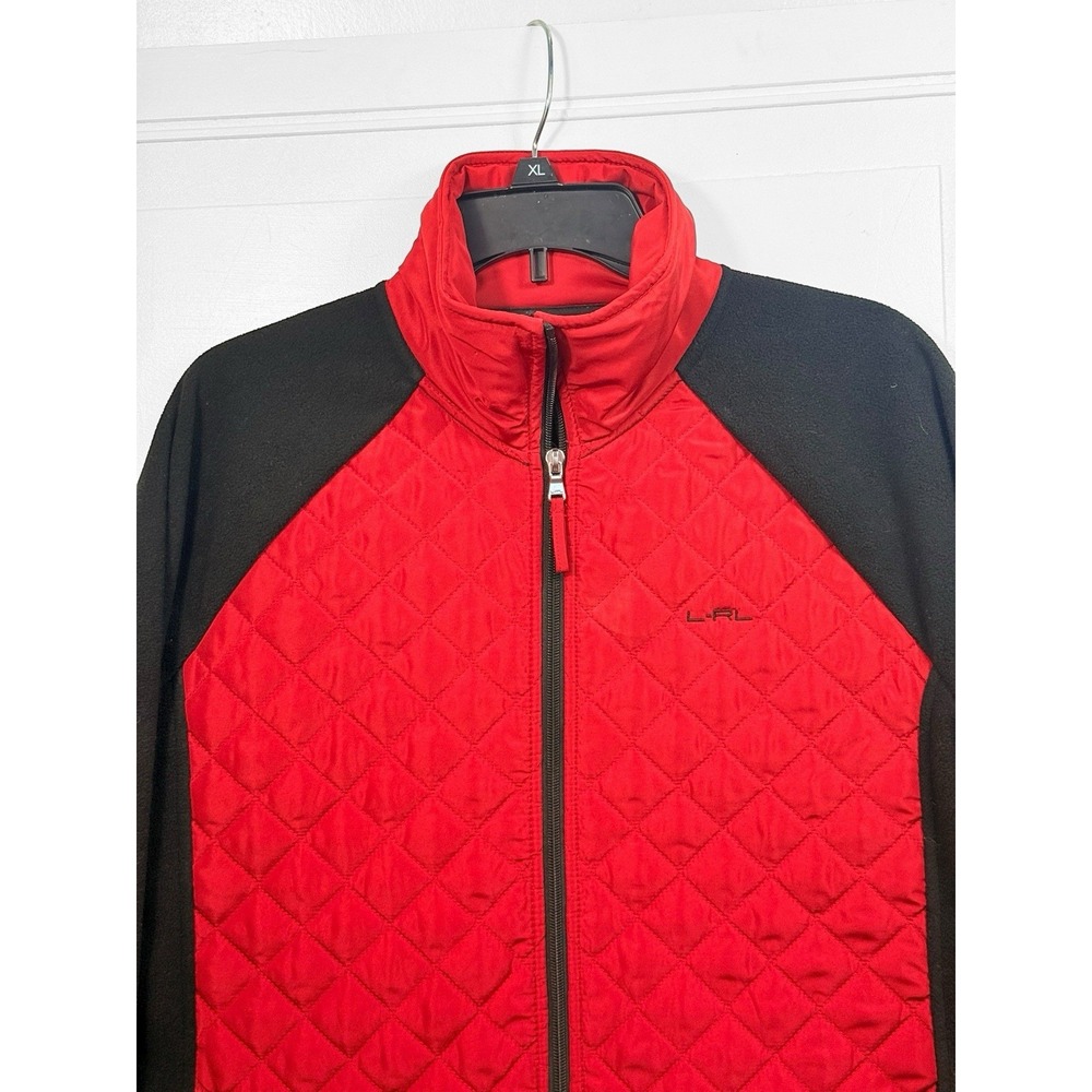 LRL Ralph Lauren Womens XL Red Quilted‎ Black Fleece Full Zip Up Jacket Pockets